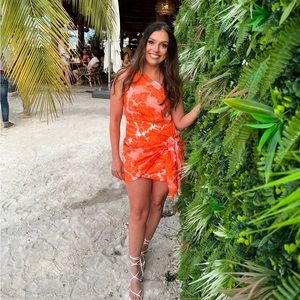 One Shoulder Wrap Front Mini Dress in Orange Jacquard